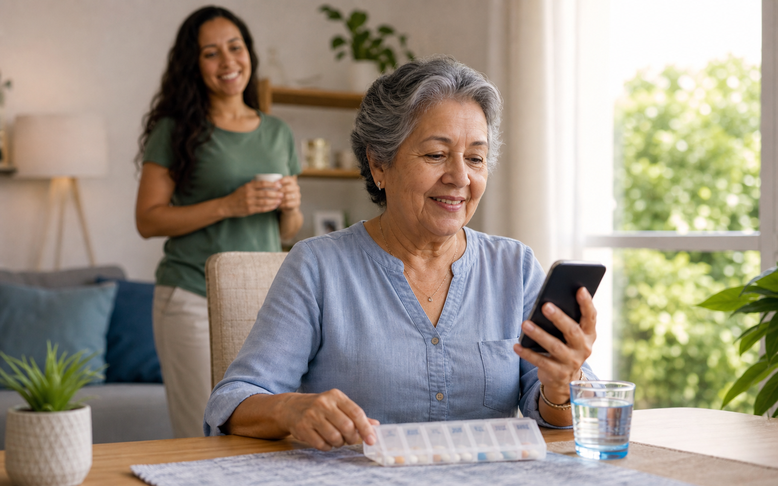 Idosa olhando o celular com tranquilidade ao lado de organizador de comprimidos