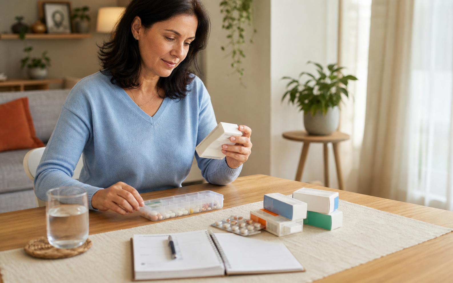 Pessoa organizando medicamentos, copo de água e rotina em uma mesa de casa